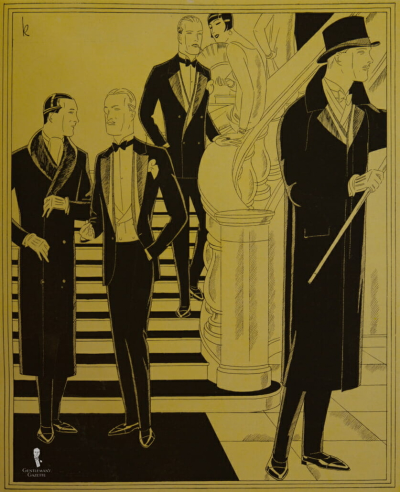 Die Deutsche Elite 1920-ih - obratite pozornost na krzneni ovratnik s lijeve strane i svilene revere s desne strane - svi muškarci nose captoe cipele i možete vidjeti DB smoking s urezanim reverima i Tautz rever