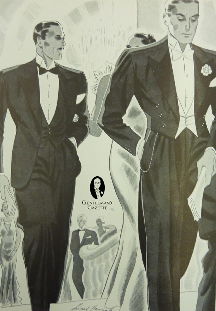 Coletes de noite de gravata preta e gravata branca em 1934 anúncio
