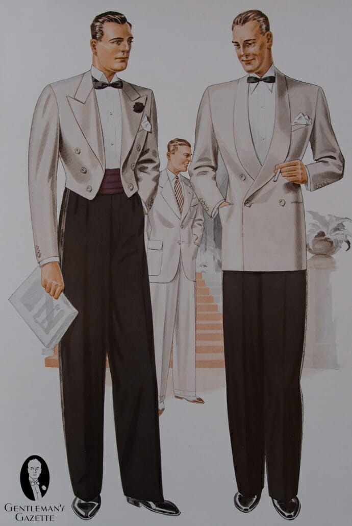 Mess Dress Jacket avec cummerbund bordeaux sur la gauche et le temps chaud DB blanc cassé smoking sur la droite - Londres UK 1938