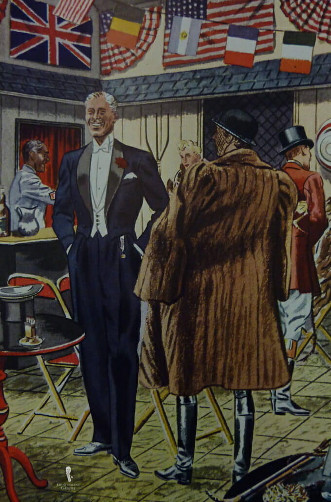 1939. САД - Поноћно плави, бели фрак са краватом са огрлицом од шала и црвеним каранфилом - обратите пажњу на бели сат