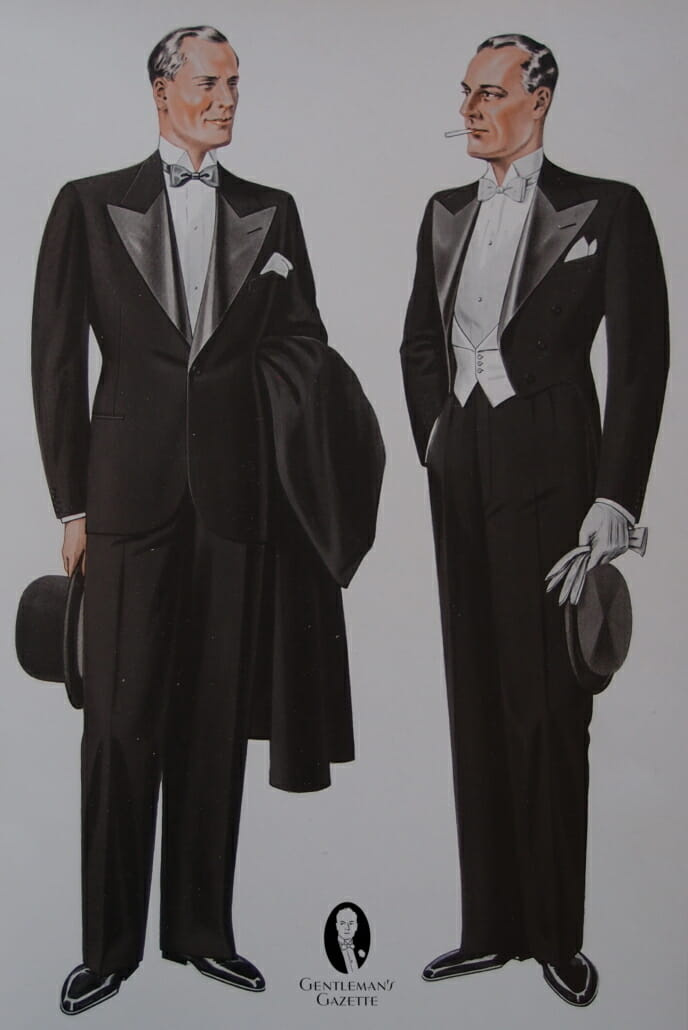Лондон УК вечерња мода из 1935. црна кравата и бела кравата, а не рукавице и шапеау цлакуе са десне стране и Хомбург лево