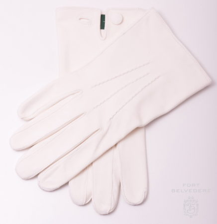 Беле неподстављене вечерње рукавице од јагњећег антилопа са дугмадима и зеленим контрастним кожним шарама од Форт Белведере-0346