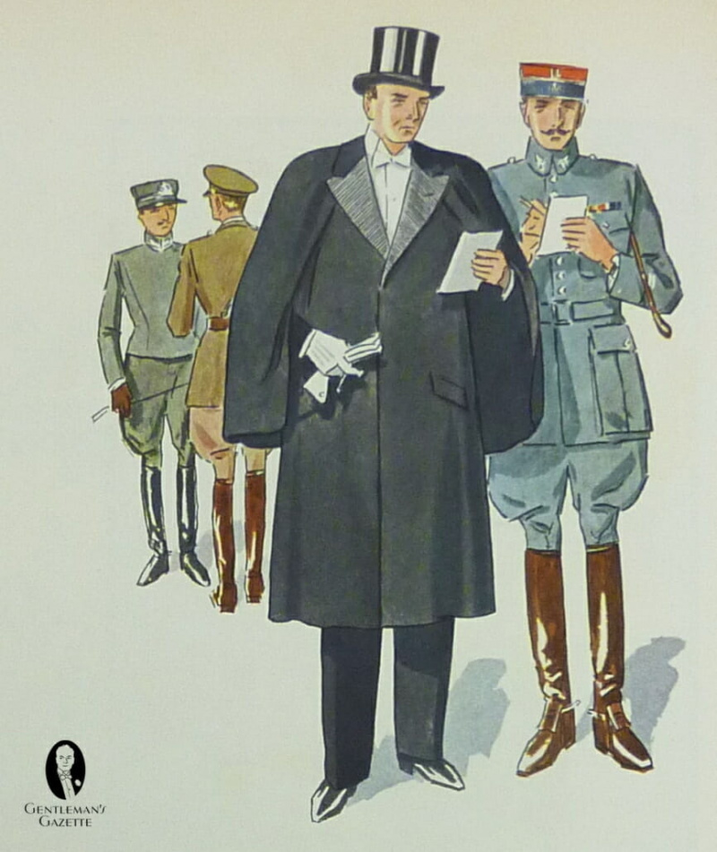 1933 USA - inverness večerní kabát s pelerínou a hedvábnými klopami. Bílá kravata se hodí k cylindru a večerním rukavicím