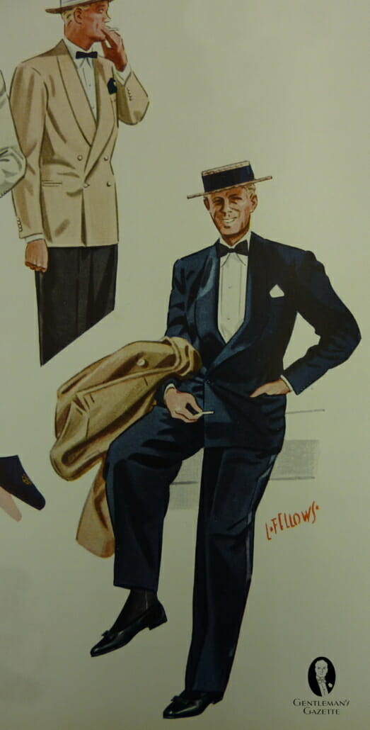 Traje de gravata preta de clima quente com chapéu de velejador - popular na década de 1930