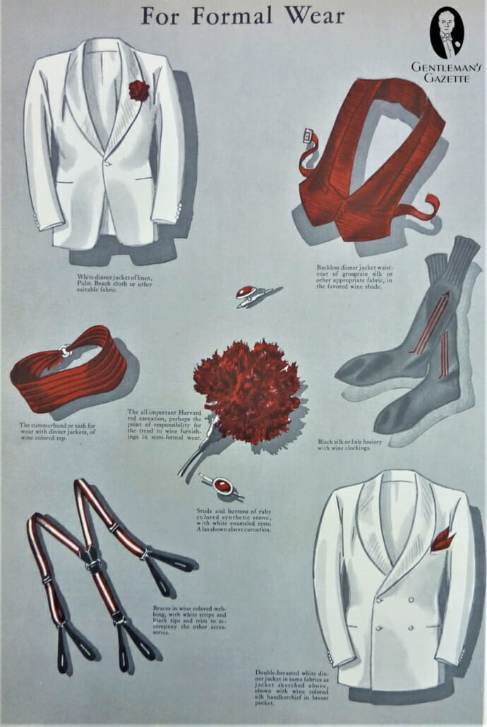 Ova ilustracija iz izdanja časopisa Apparel Arts iz 1934. naglašava koliko se dobro dodaci u bordo boji slažu s crnom kravatom za toplo vrijeme.