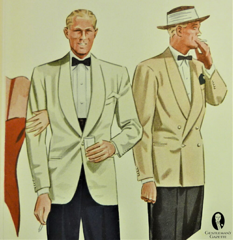 Ova modna ilustracija iz 1939. prikazuje prljavobijele jakne različite svjetline, kao i jednokopne i dvoredne krojeve.