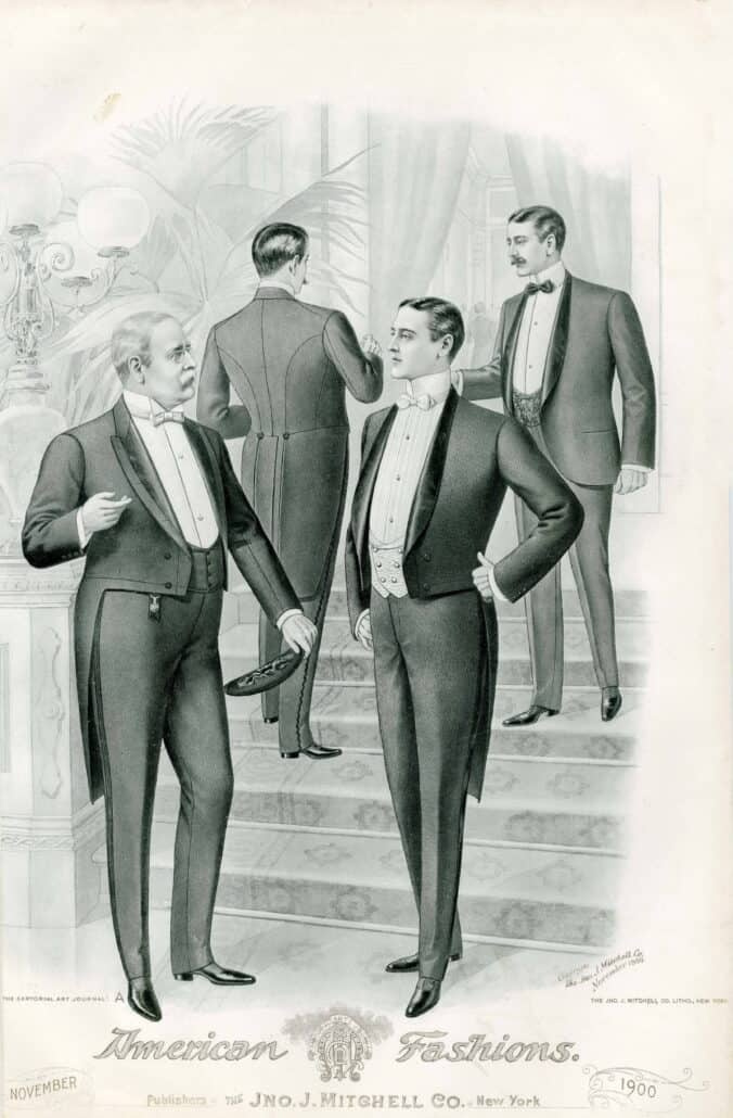 Ilustração de cavalheiros eduardianos em trajes de noite