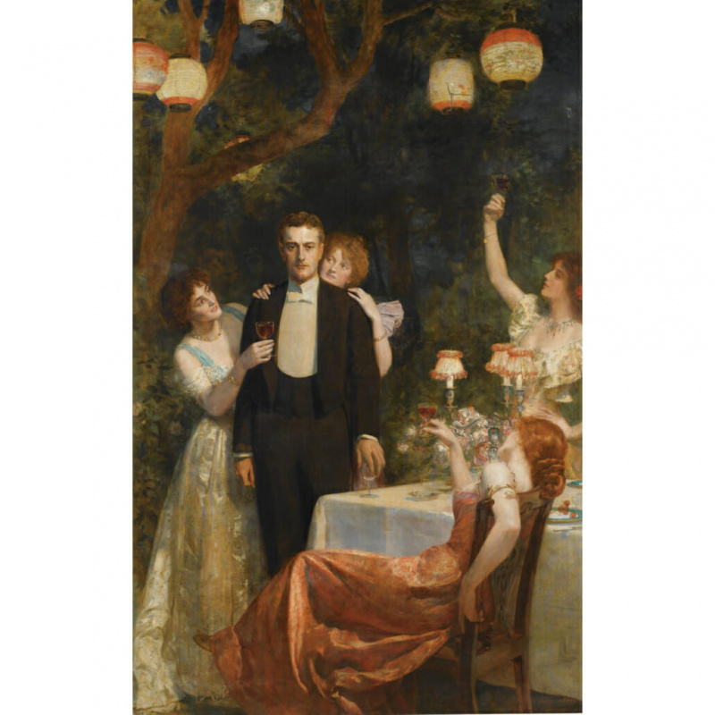 Un élégant gentleman édouardien est peint en tenue de soirée formelle avec un gilet noir et un nœud papillon blanc