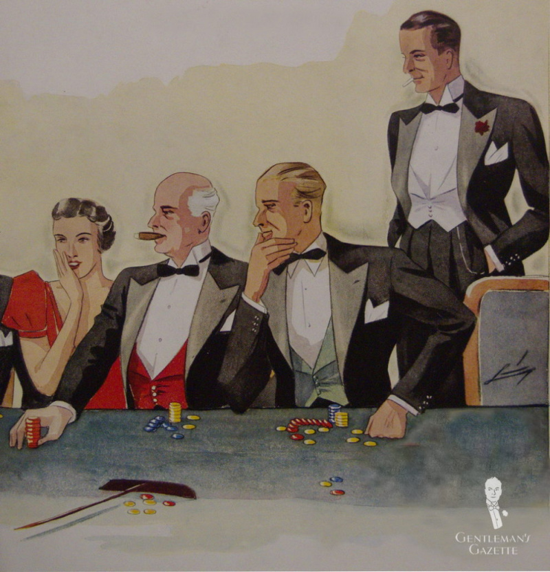 Black Tie en 1934 en Alemania. Tenga en cuenta los chalecos coloridos y el cuello rígido con chaleco de corbata blanca y boutonniere a la derecha