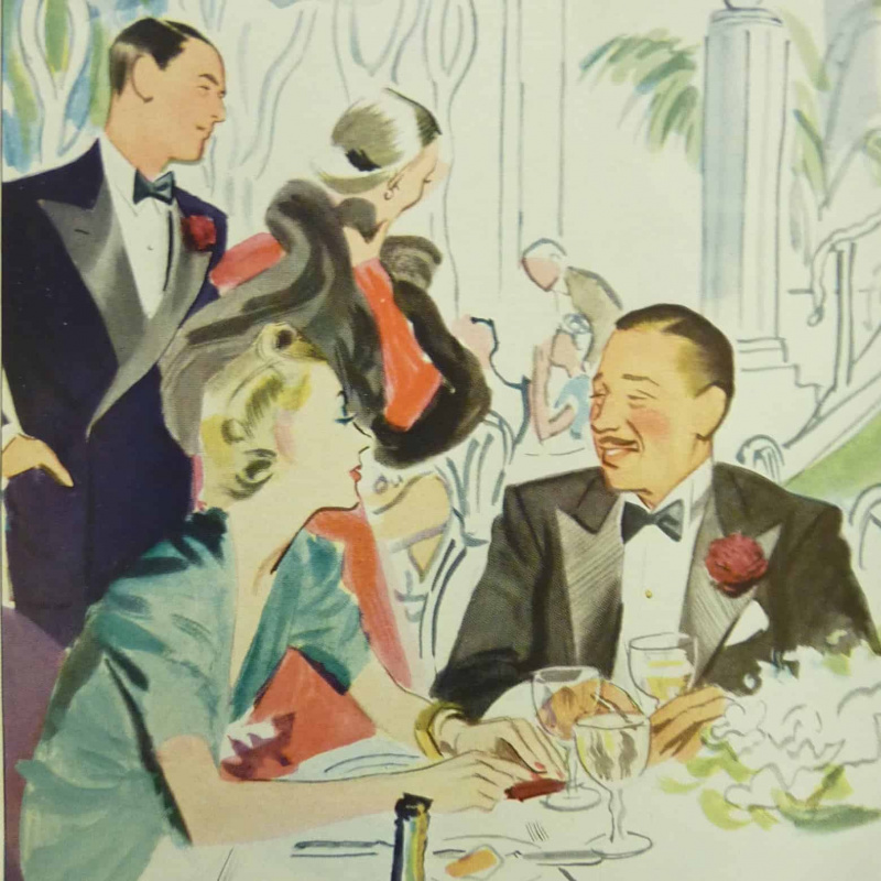 Een mode-illustratie van een stel in zwarte stropdas aan een eettafel in een chique restaurant