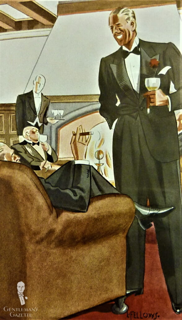 Black Tie Nošené v klubu ve 30. letech 20. století – Klasický soubor Black Tie Ensemble s klopovým sakem s jedním knoflíkem, klopami s grogrénem a křídlovým límečkem