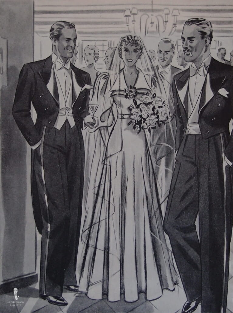 1930 Alemanha - O noivo deve usar um conjunto de gravata branca apenas se houver um jantar de casamento logo após o casamento, caso contrário, o casaco matinal é preferível.JPG