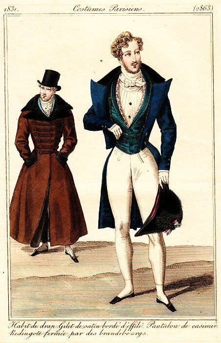Em 1830, gravatas menores e coletes decotados expunham mais a frente da camisa formal, depois muitas vezes plissada