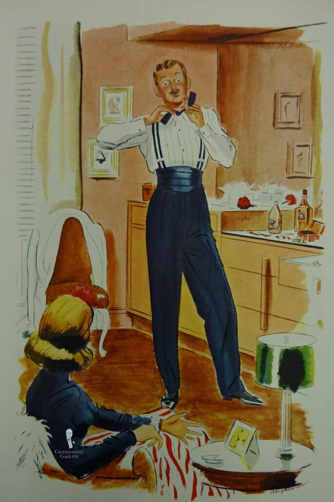 Smoking bleu nuit du début des années 1940 avec ceinture et large chemise plissée