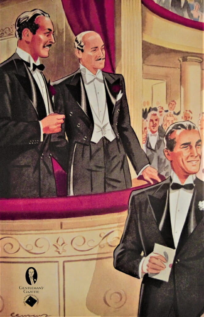Conjuntos de gravata preta e gravata branca na casa de ópera.