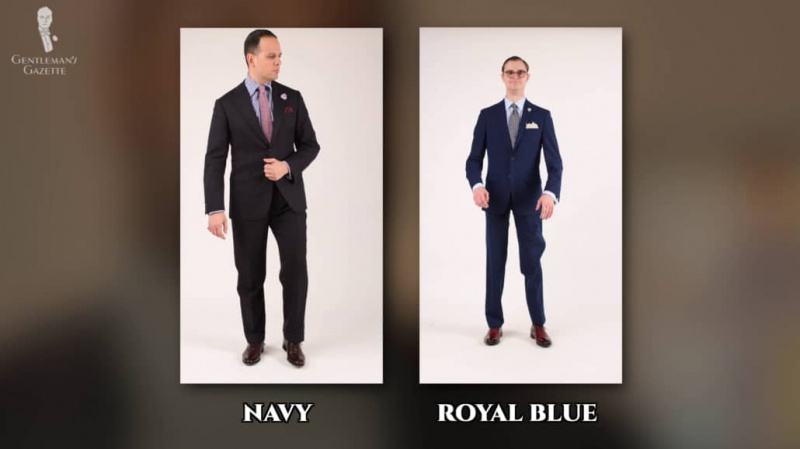 Raphael vestindo um terno marinho e Preston vestindo um terno azul royal.