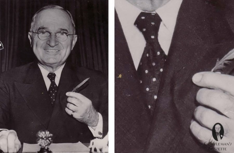 Prezident Harry S Truman s puntíkovanou žakárovou kravatou