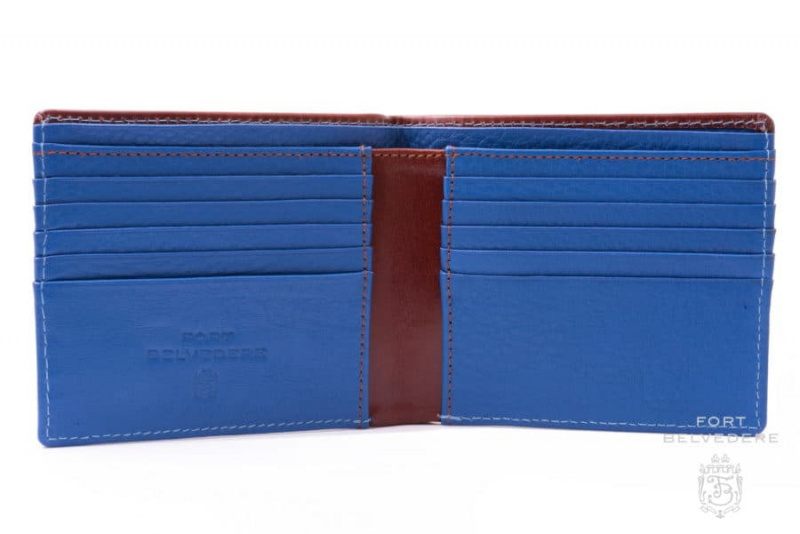 Luxusní pánská kožená peněženka v barvě Whisky Patina Brown Boxcalf & Blue Deerskin od Fort Belvedere