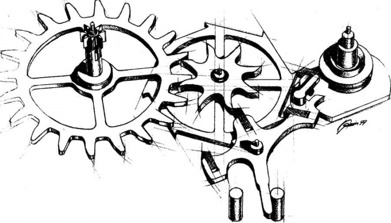 George Daniels nákres koaxiálního mechanismu hodinek