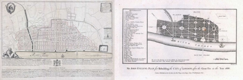 Plans LTR pour la reconstruction de la ville de Londres par Sir Christopher Wren et John Evelyn