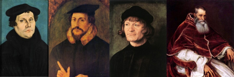 LTR Portraits de Martin Luther, Johannes Calvin, Huldrych Zwingli et le pape Paul III
