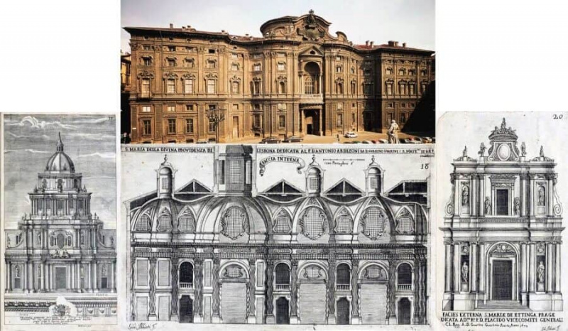 Т: Палаззо Царигнано, Торино БЛТР Гравирање приказује дизајн фасаде за Саинте Анне-ла-Роиале, Париз, Француска (никад завршено), Гравирање приказује дизајн ентеријера Свете Марије Госпе од Провиђења, Лисабон, Португал ( уништена током земљотреса 1755. године), бакропис који приказује дизајн фасаде Свете Марије од Алтетинга, Прак, Чешка Република