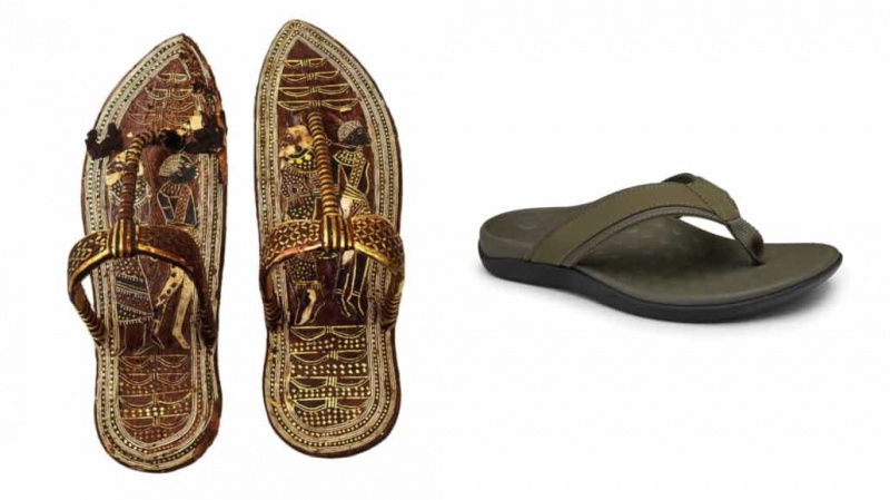 Tyylikkäästi muotoiltuja egyptiläisiä jalkineita uuden muodon rinnalla, joita kutsutaan toe-post sandaaleiksi.