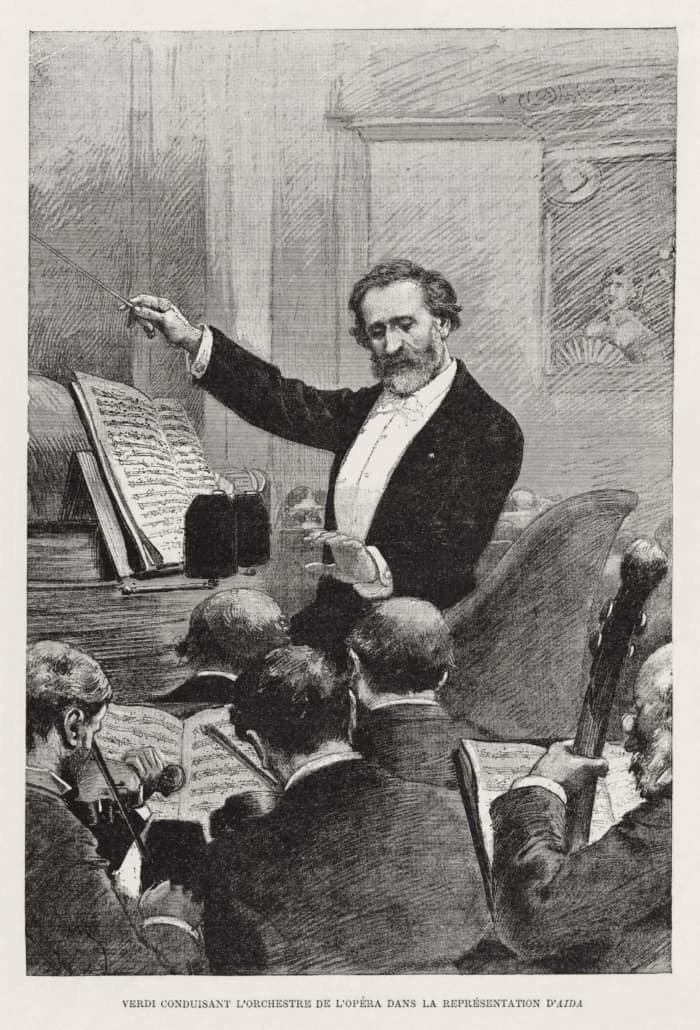 Giuseppe Verdi dirigeant Aida à Paris 1880 portant une cravate blanche