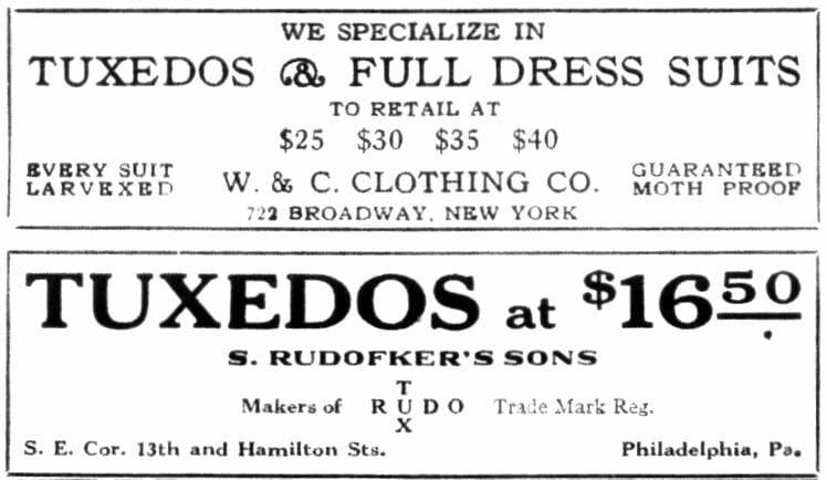 1925 reklama na originální smoking Rudofker (dole) . . . a mnohem dražší konkurent (nahoře).*