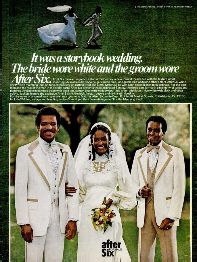 1978 Афтер Сик Вхите Тукедо Ад Веддинг свечана одећа је истакнута у Ебони вероватно зато што је часопис циљао и мушкарце и жене. 1978